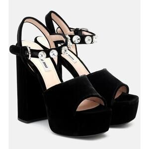 MIU MIU Embellished Velvet Platform Sandals - 36.5 (6.5) - Nero